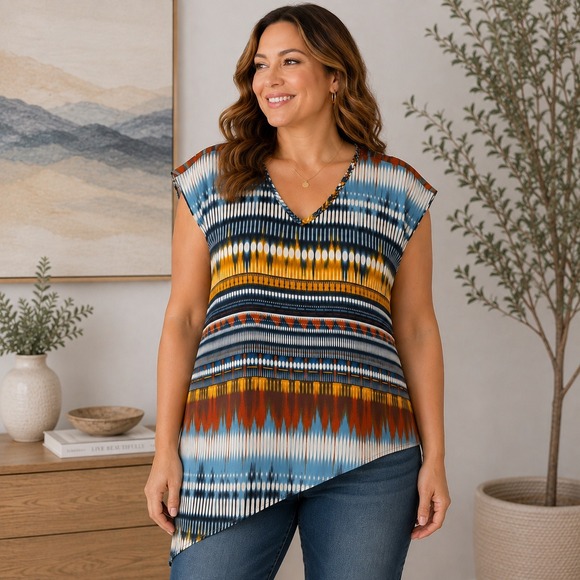 Love and Let Live Tops - Love and Let Live Woman 2X Blue Yellow Ikat Geometric V-Neck Cap Sleeve Top